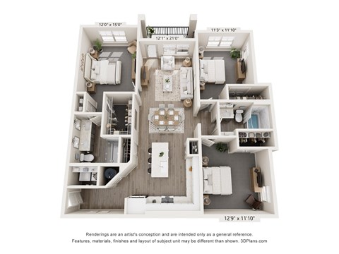 Floor plan for 3 beds, 2 baths, 1466 sqft